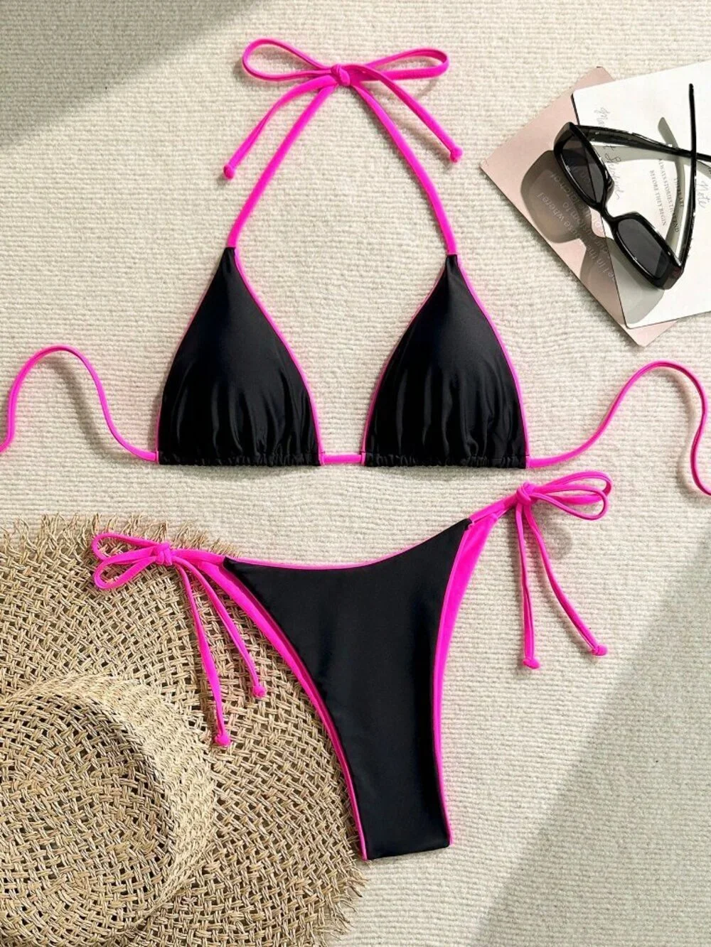 Black pink Brocade Sexy Women's Leopard Print Spaghetti Strap Tie Bikini Set